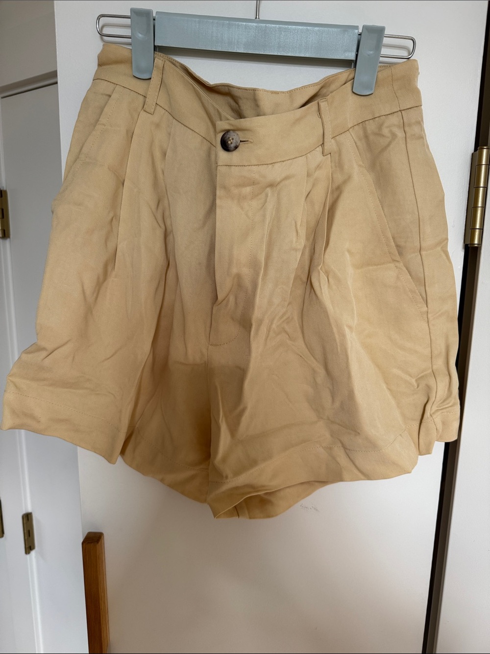 Reformation High-Waist Pleated Shorts — Tan